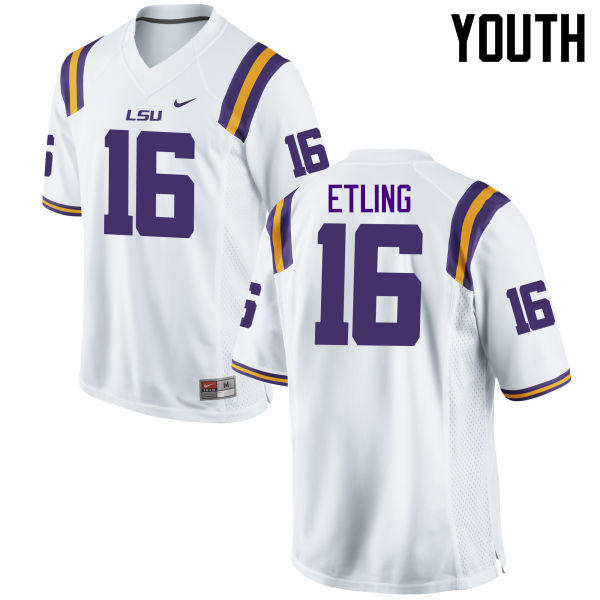 Youth LSU Tigers #16 Danny Etling College Football Jerseys Game-White - Click Image to Close